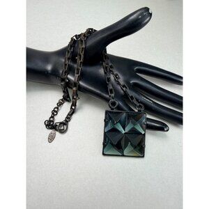 Evita Peroni Statement Necklace Dark Greek Faceted Glass Pendant Chain